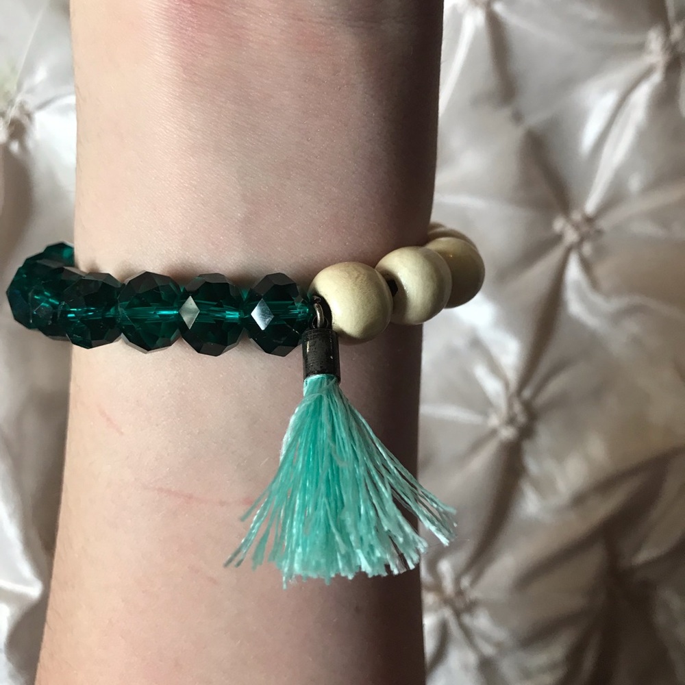 Deep teal and wood bead bangle